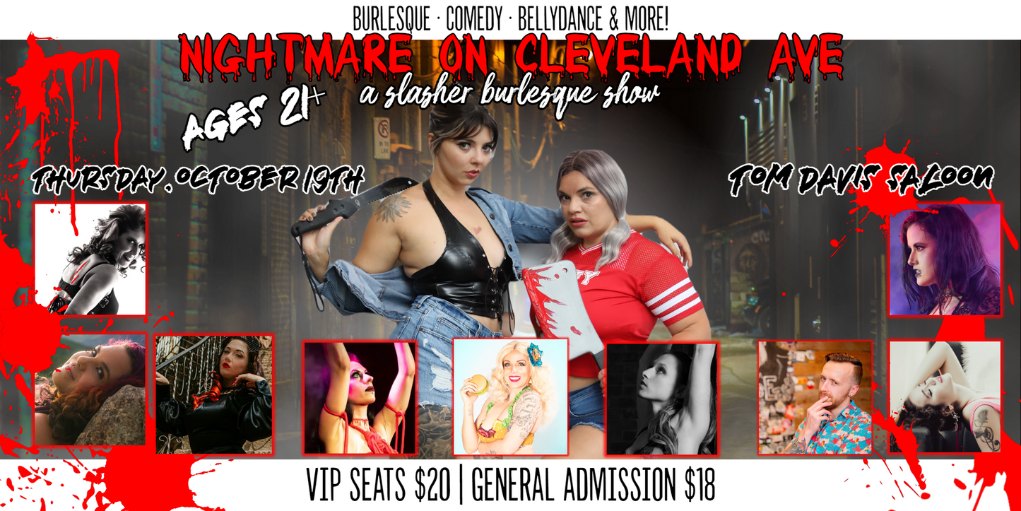 Nightmare on Cleveland Ave slasher burlesque show poster featuring After Dark Trivia-Burlesque Trivia Fort Collins