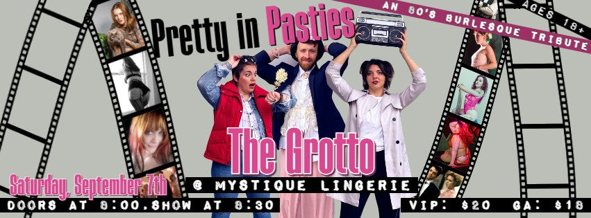 Poster for 80s burlesque show Fort Collins featuring performers and event details at Mystique Lingerie