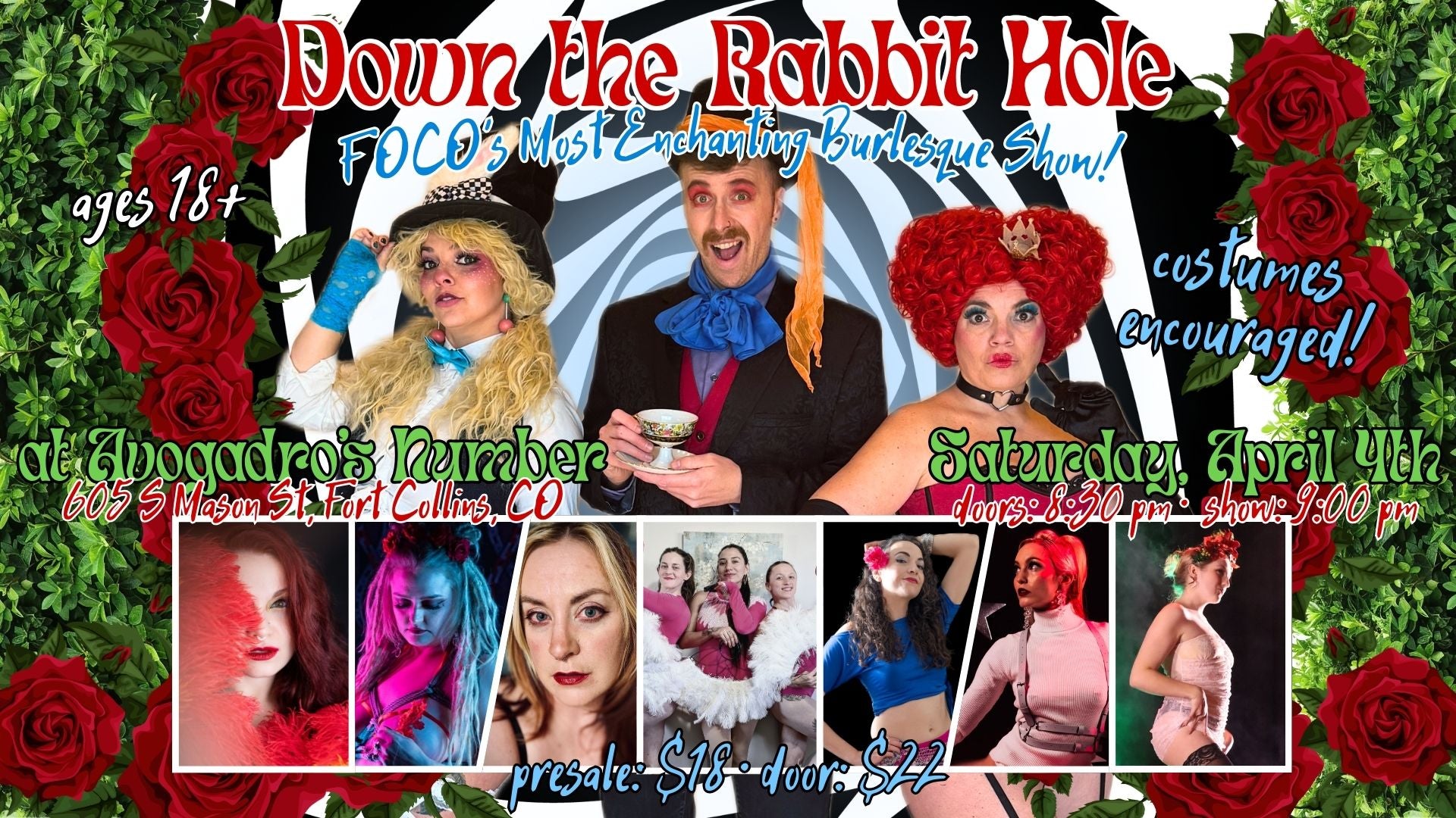 Down the Rabbit Hole poster for Burlesque Show Fort Collins Best Variety Show with performers and event details