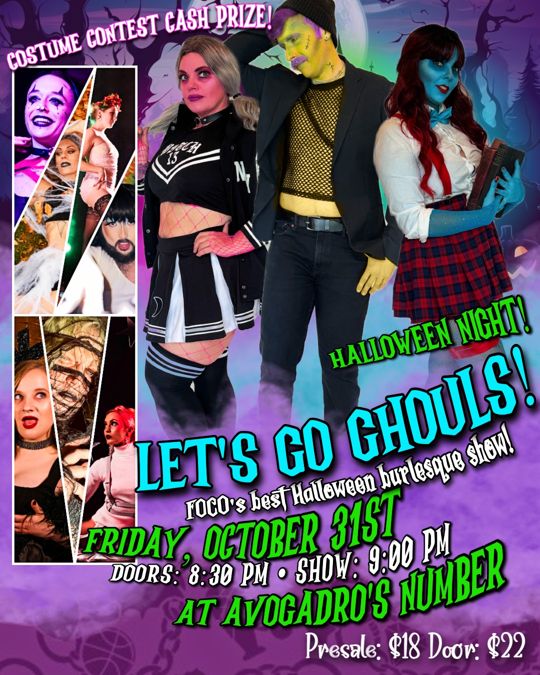 Halloween Burlesque Show Fort Collins poster with three costumed burlesque performers variety shows