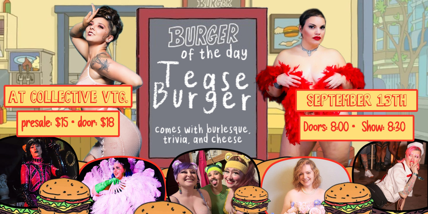 Bobs Burgers Burlesque poster with burlesque performers in feather costumes around a burger chalkboard